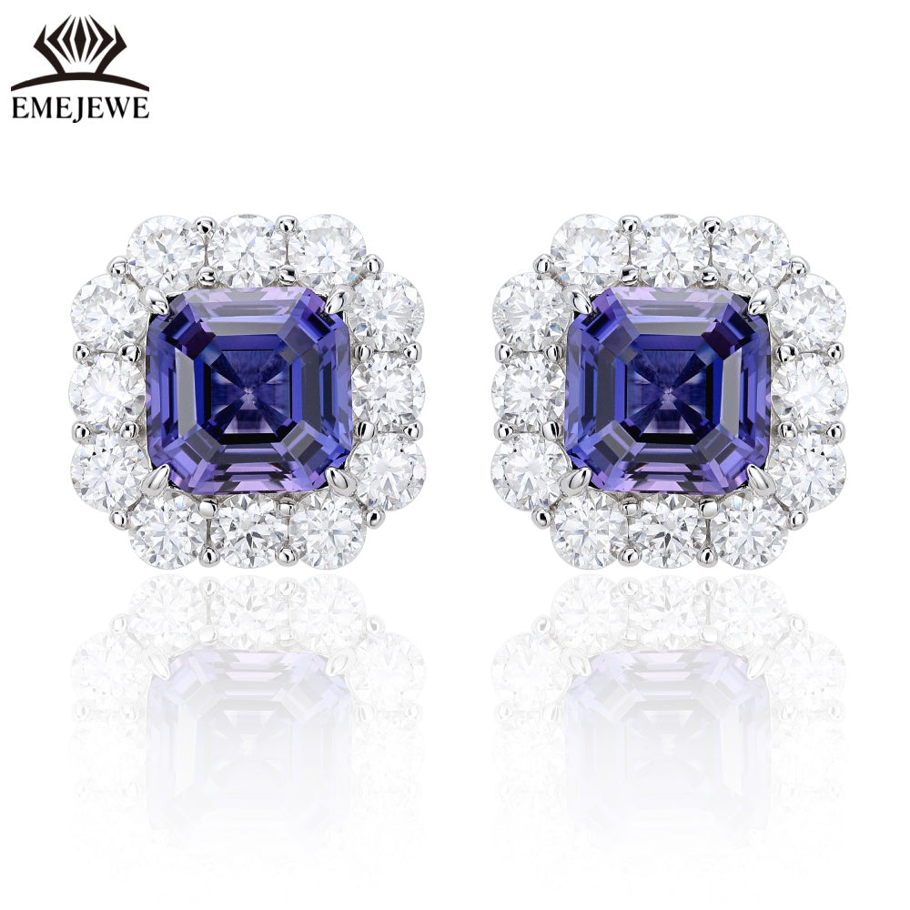 S925 Silver Ascher Cut Multi-color Sapphire Stud Earrings Halo Setting Sparkling Moissanite Fine Jewelry For Women