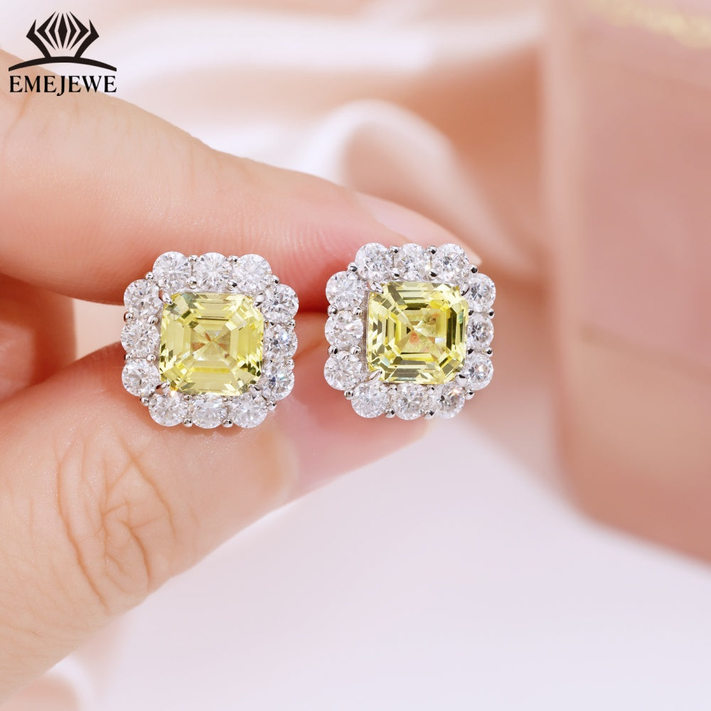 S925 Silver Ascher Cut Multi-color Sapphire Stud Earrings Halo Setting Sparkling Moissanite Fine Jewelry For Women