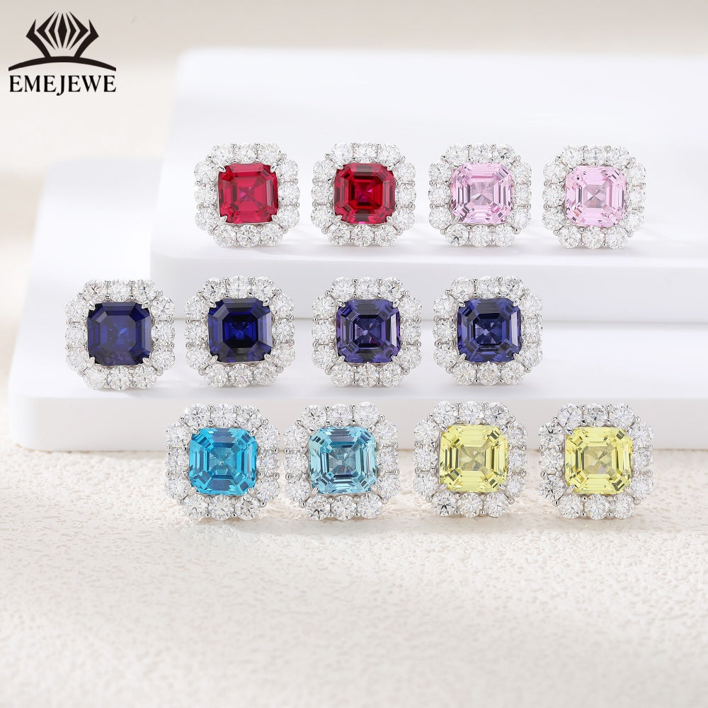 S925 Silver Ascher Cut Multi-color Sapphire Stud Earrings Halo Setting Sparkling Moissanite Fine Jewelry For Women
