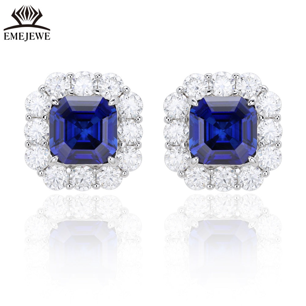 S925 Silver Ascher Cut Multi-color Sapphire Stud Earrings Halo Setting Sparkling Moissanite Fine Jewelry For Women