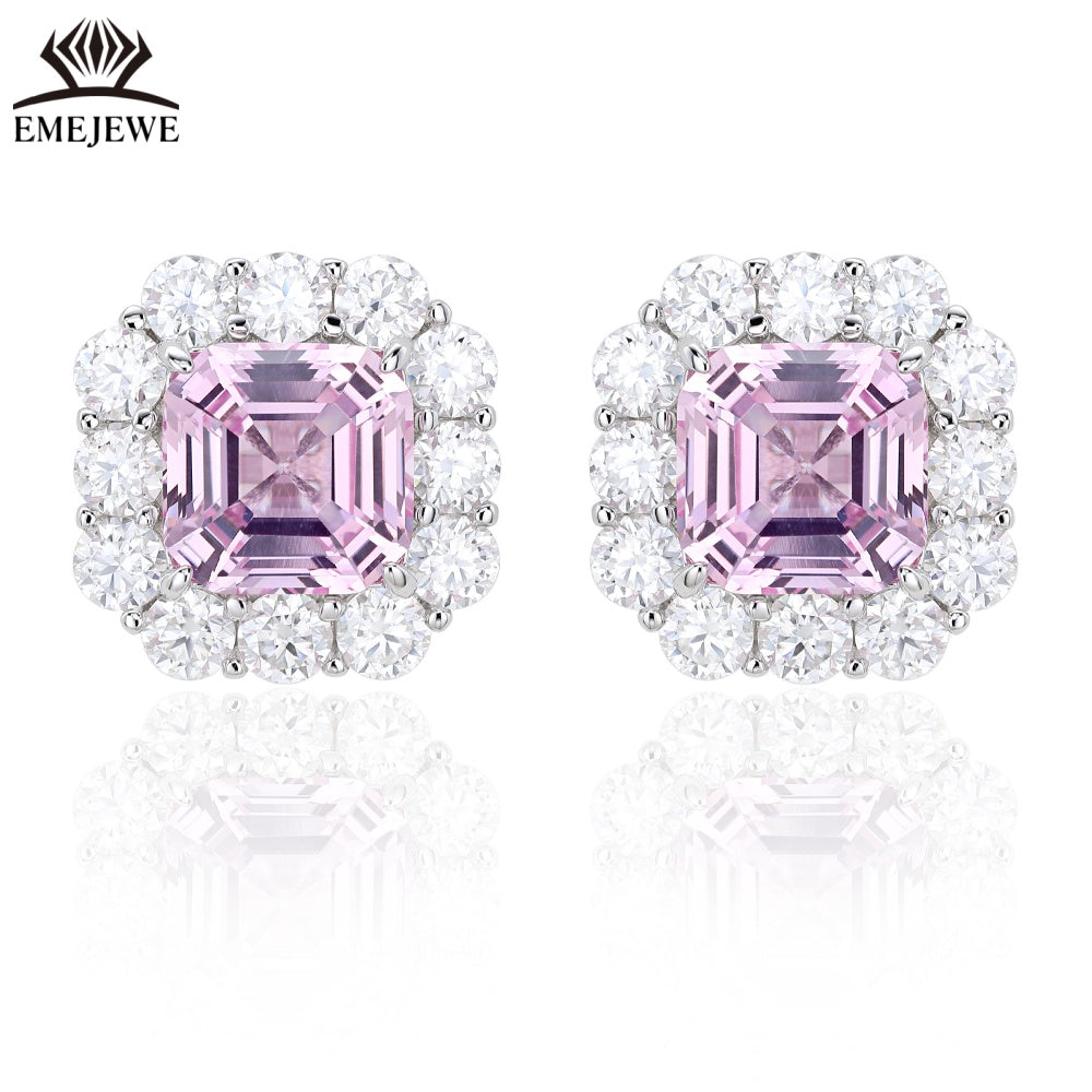 S925 Silver Ascher Cut Multi-color Sapphire Stud Earrings Halo Setting Sparkling Moissanite Fine Jewelry For Women