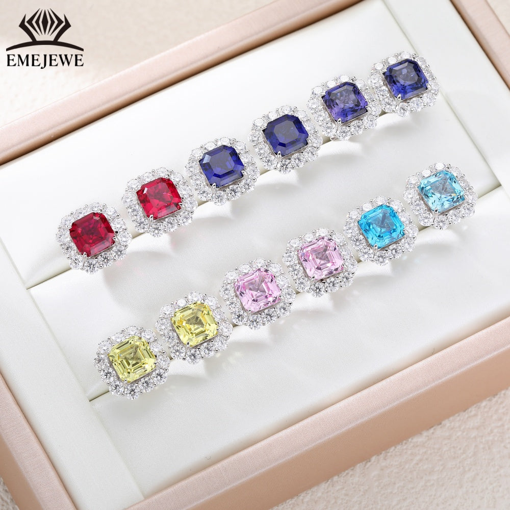 S925 Silver Ascher Cut Multi-color Sapphire Stud Earrings Halo Setting Sparkling Moissanite Fine Jewelry For Women