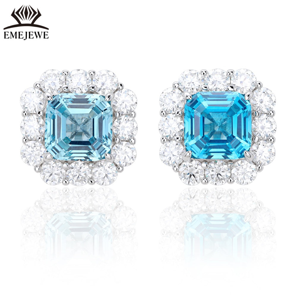 S925 Silver Ascher Cut Multi-color Sapphire Stud Earrings Halo Setting Sparkling Moissanite Fine Jewelry For Women