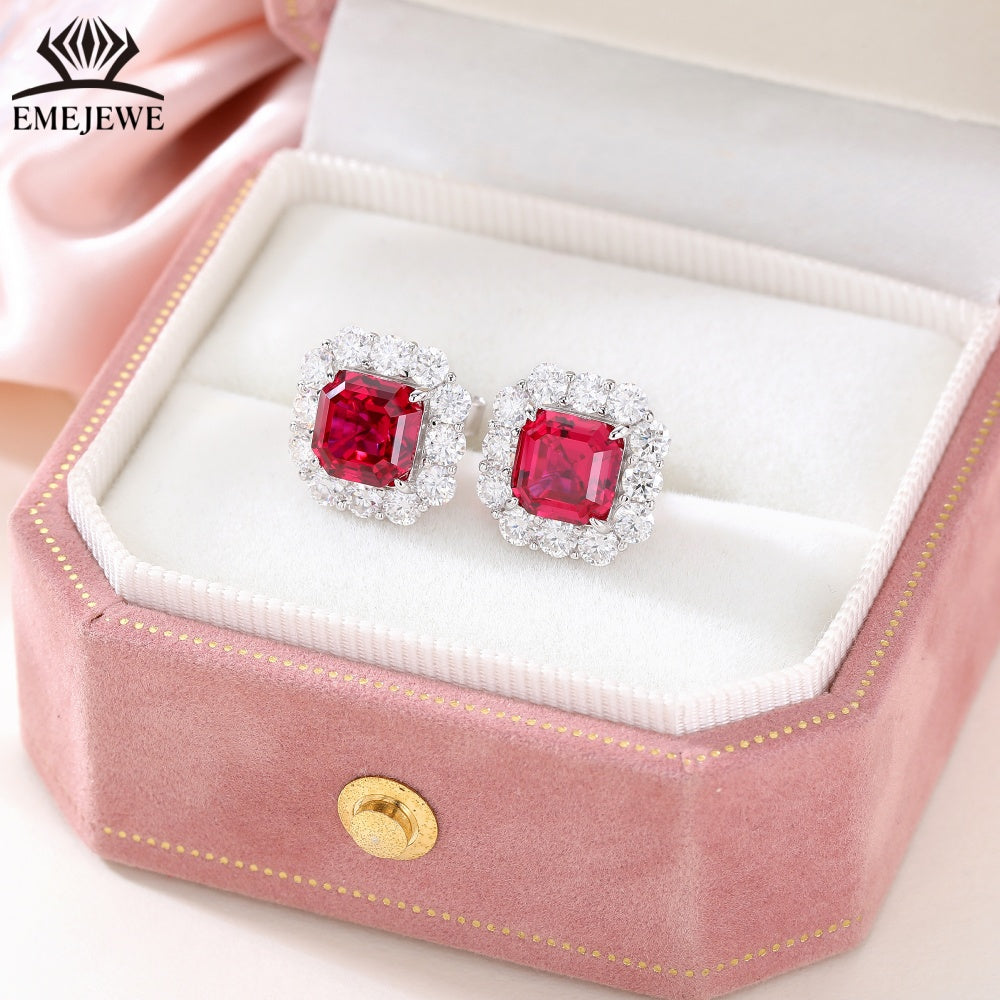 S925 Silver Ascher Cut Multi-color Sapphire Stud Earrings Halo Setting Sparkling Moissanite Fine Jewelry For Women