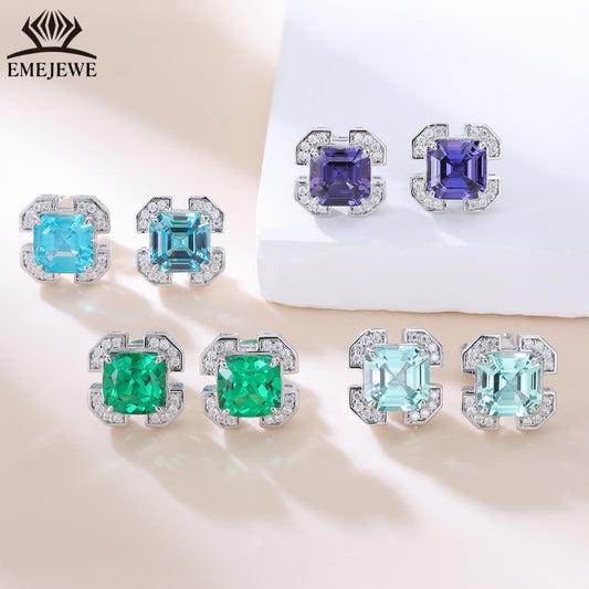 S925 Silver 7mm Ascher Sapphire Studs Full Pave Moissanite Halo Daily Commute Women Jewelry Gift