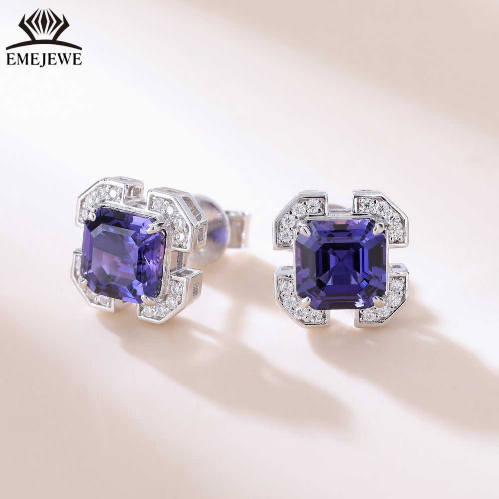 S925 Silver 7mm Ascher Sapphire Studs Full Pave Moissanite Halo Daily Commute Women Jewelry Gift