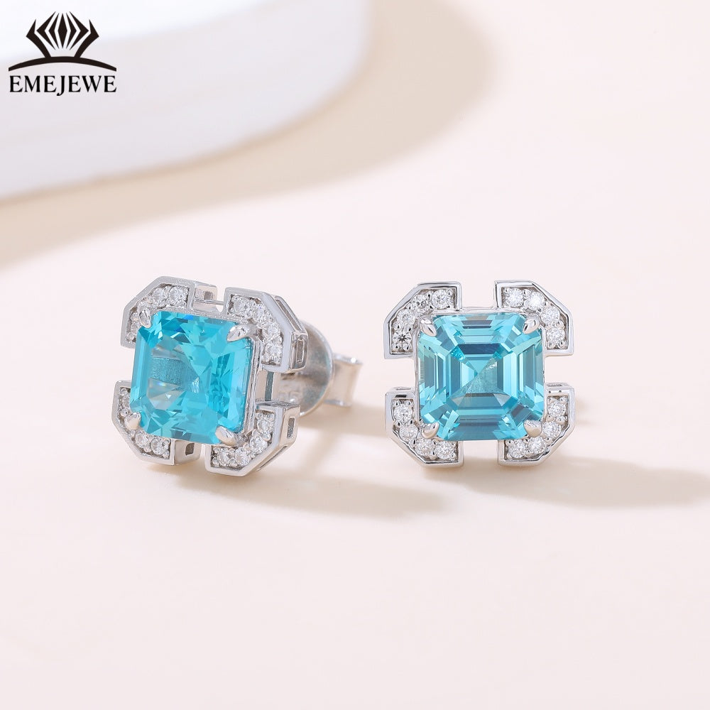 S925 Silver 7mm Ascher Sapphire Studs Full Pave Moissanite Halo Daily Commute Women Jewelry Gift