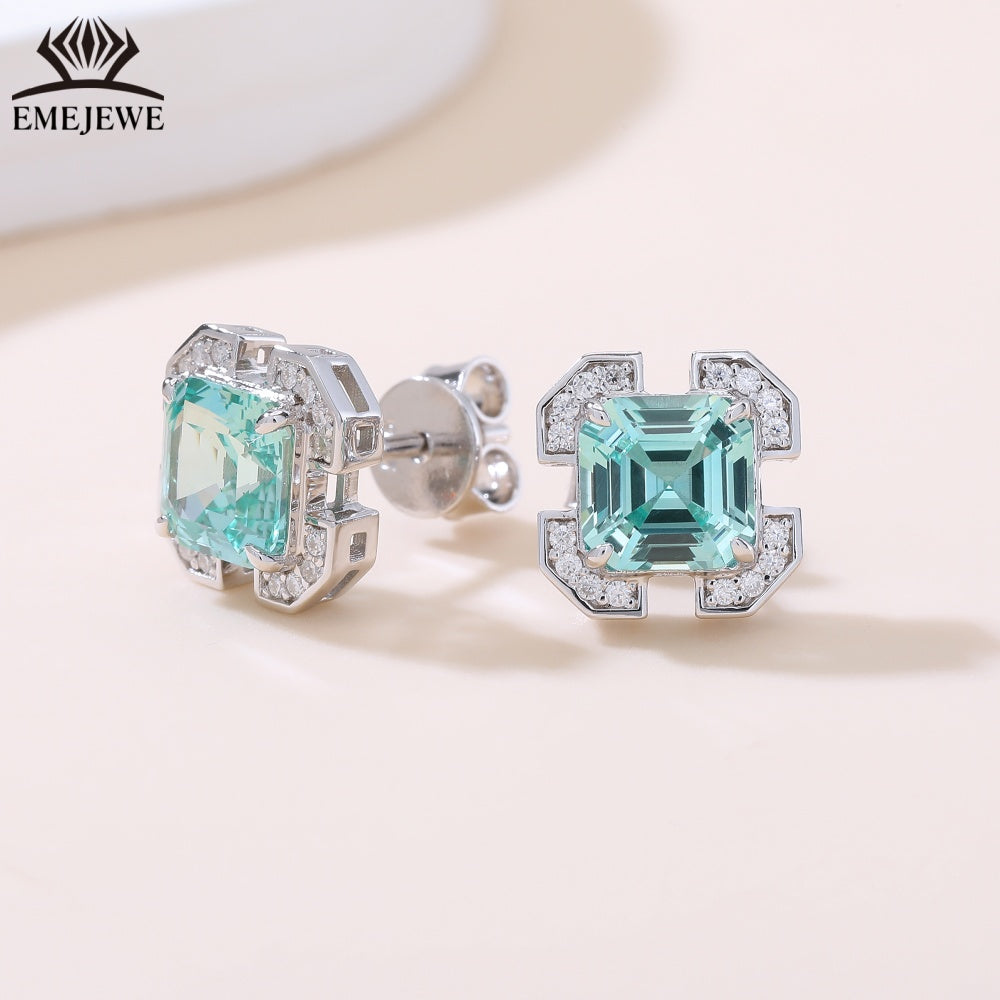 S925 Silver 7mm Ascher Sapphire Studs Full Pave Moissanite Halo Daily Commute Women Jewelry Gift
