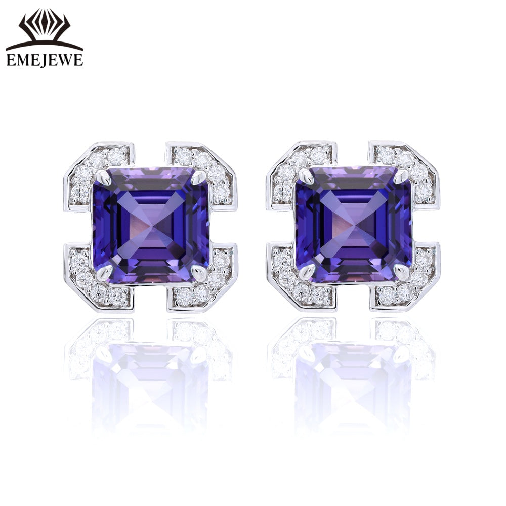 S925 Silver 7mm Ascher Sapphire Studs Full Pave Moissanite Halo Daily Commute Women Jewelry Gift