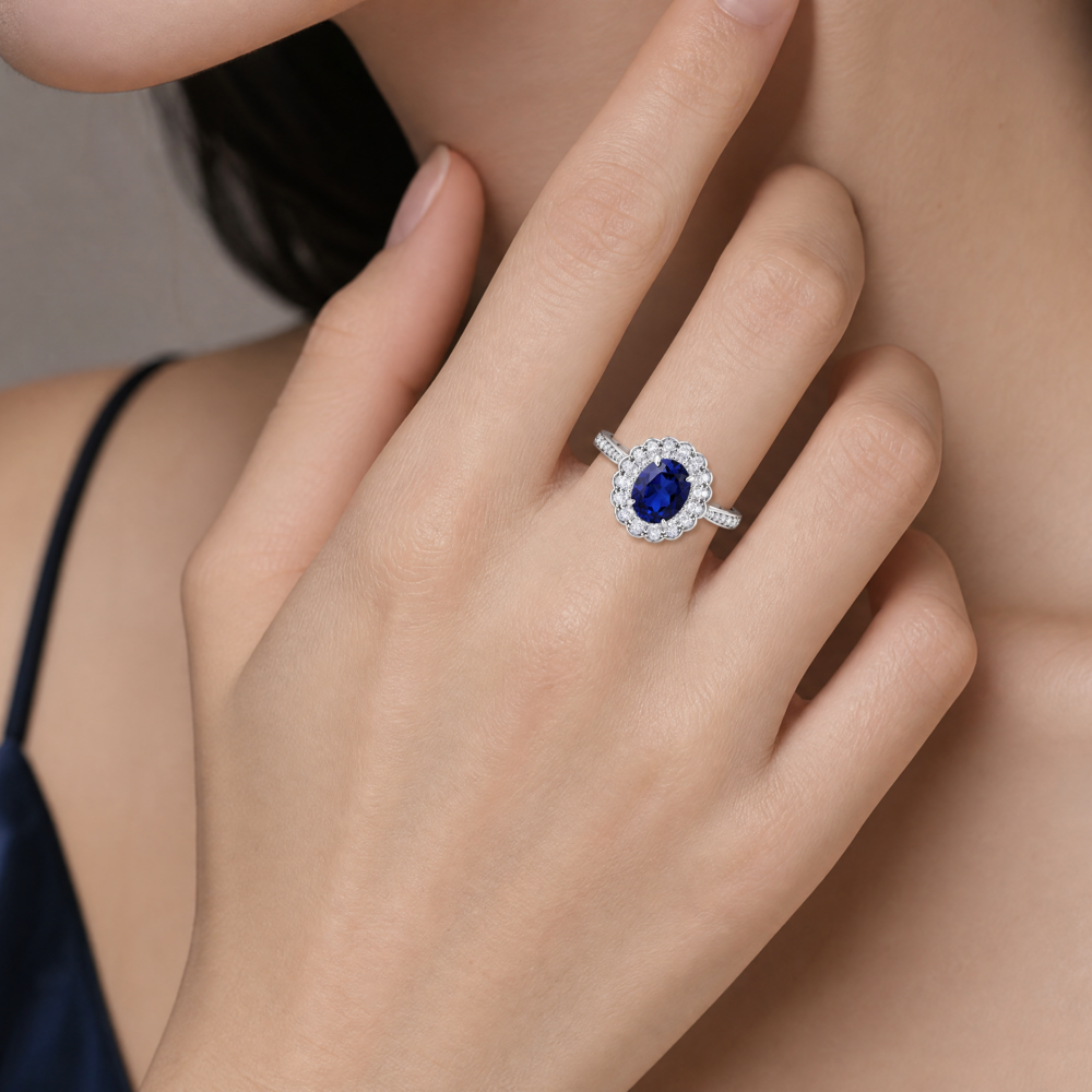 925 Sterling Silver Classic Wedding Sapphire Halo Ring White Moissanite Surrounded Oval Gemstone Women Engagement Fine