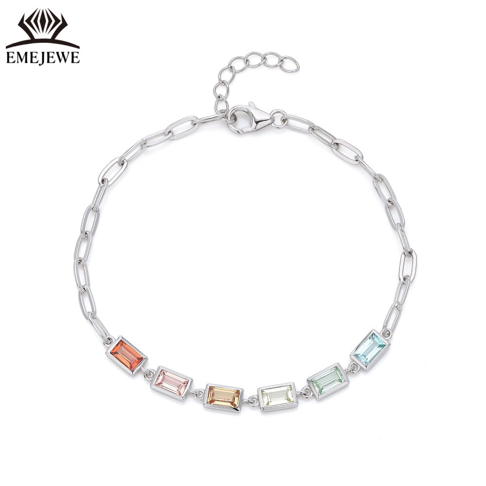 925 Sliver Bezel Set Sapphire Baguette Style Bracelet Colorful Rectangular Stones for Unisex Romantic