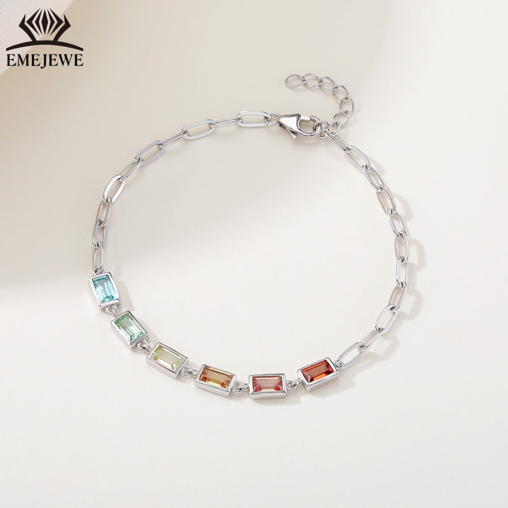 925 Sliver Bezel Set Sapphire Baguette Style Bracelet Colorful Rectangular Stones for Unisex Romantic