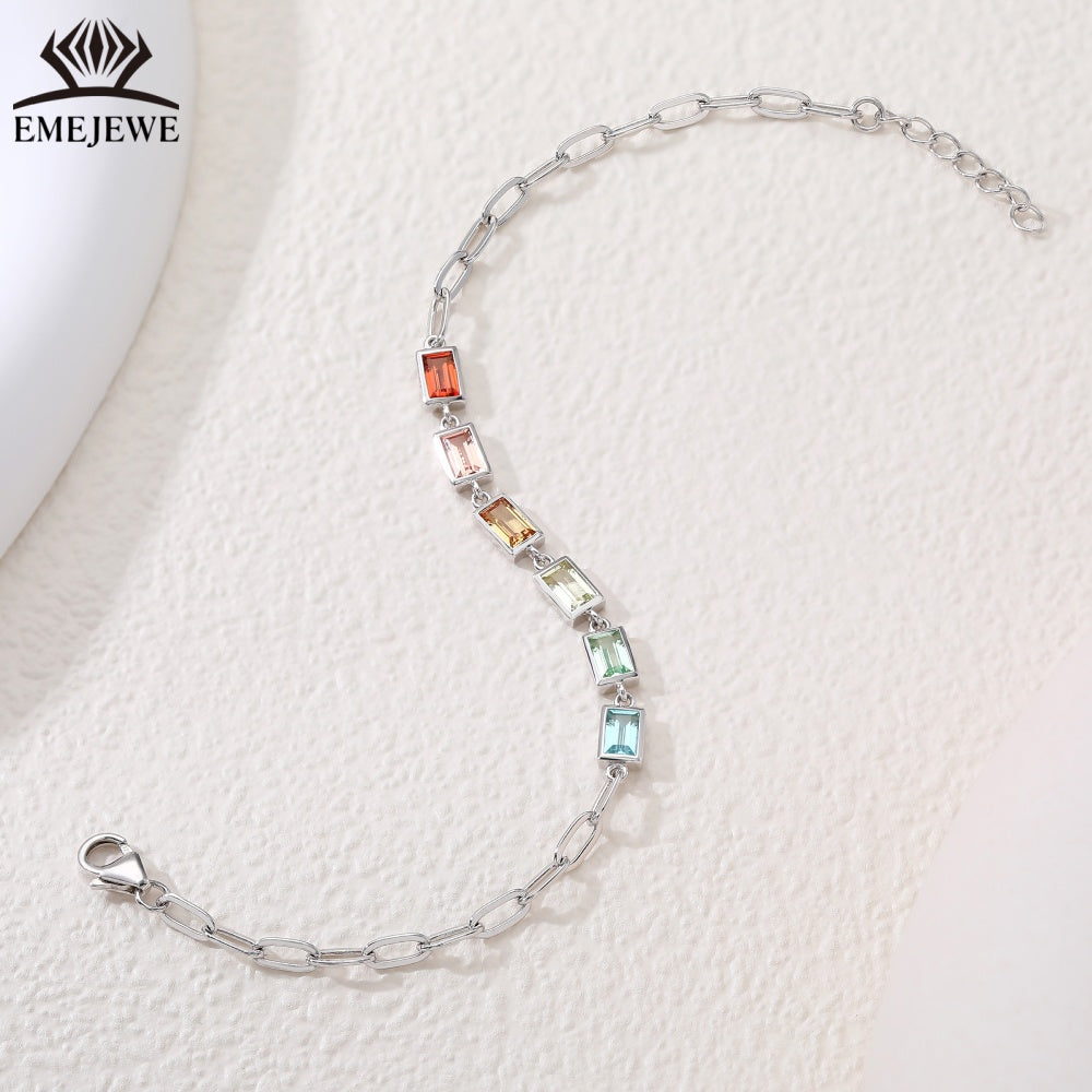 925 Sliver Bezel Set Sapphire Baguette Style Bracelet Colorful Rectangular Stones for Unisex Romantic