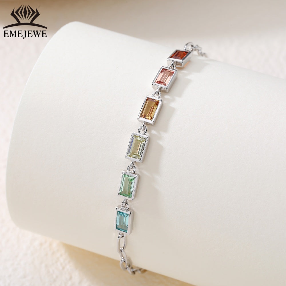 925 Sliver Bezel Set Sapphire Baguette Style Bracelet Colorful Rectangular Stones for Unisex Romantic