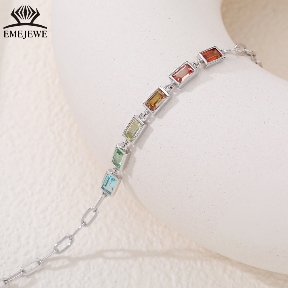 925 Sliver Bezel Set Sapphire Baguette Style Bracelet Colorful Rectangular Stones for Unisex Romantic