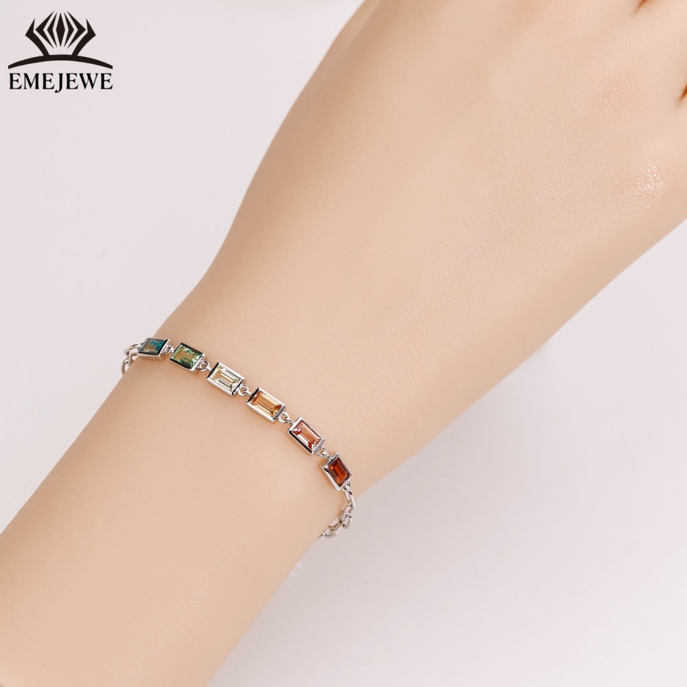 925 Sliver Bezel Set Sapphire Baguette Style Bracelet Colorful Rectangular Stones for Unisex Romantic