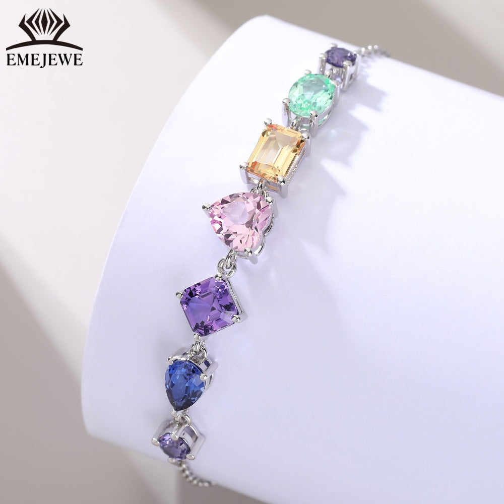 S925 Silver Colored Sapphire Chain Bracelet Oval Cut Gemstone Claw Setting Romantic Party Jewelry