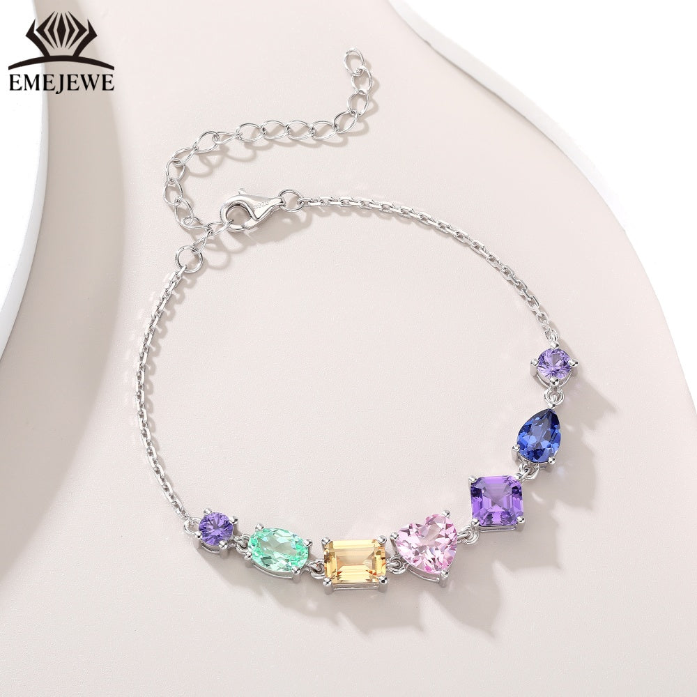 S925 Silver Colored Sapphire Chain Bracelet Oval Cut Gemstone Claw Setting Romantic Party Jewelry