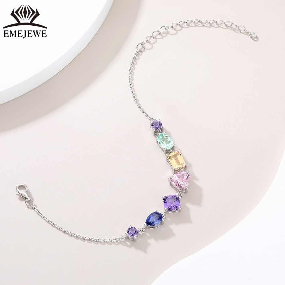 S925 Silver Colored Sapphire Chain Bracelet Oval Cut Gemstone Claw Setting Romantic Party Jewelry