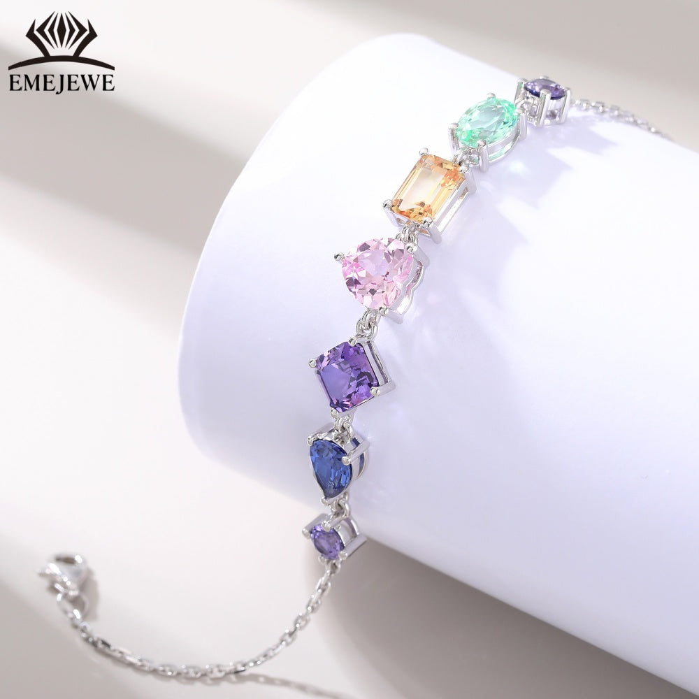 S925 Silver Colored Sapphire Chain Bracelet Oval Cut Gemstone Claw Setting Romantic Party Jewelry
