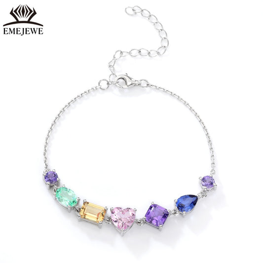 S925 Silver Colored Sapphire Chain Bracelet Oval Cut Gemstone Claw Setting Romantic Party Jewelry