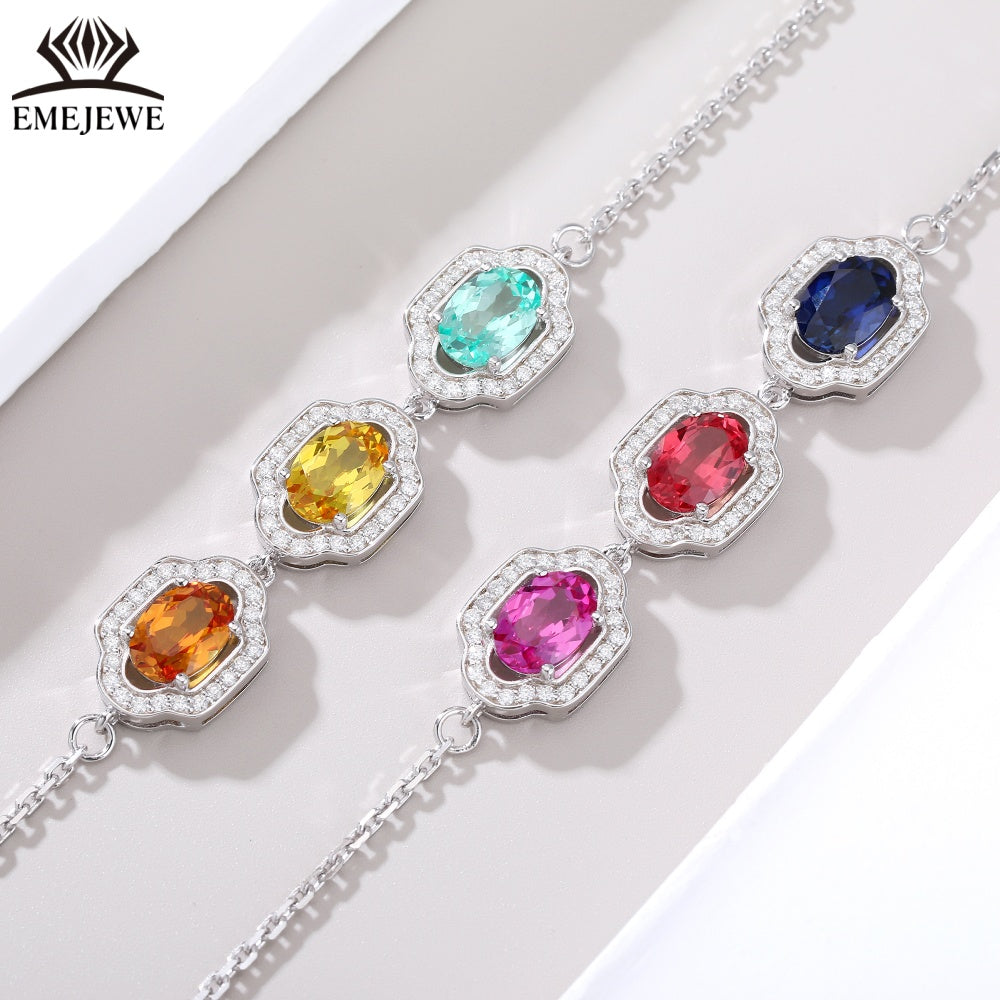 Oval Cut 5*7MM Multi Color Sapphire Three Stones Adjustable Silver Plated Third Party Certified Romantic Bracelet