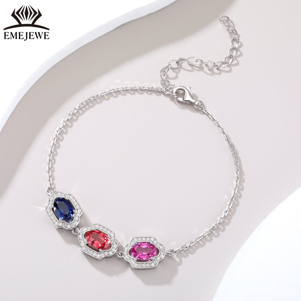 Oval Cut 5*7MM Multi Color Sapphire Three Stones Adjustable Silver Plated Third Party Certified Romantic Bracelet