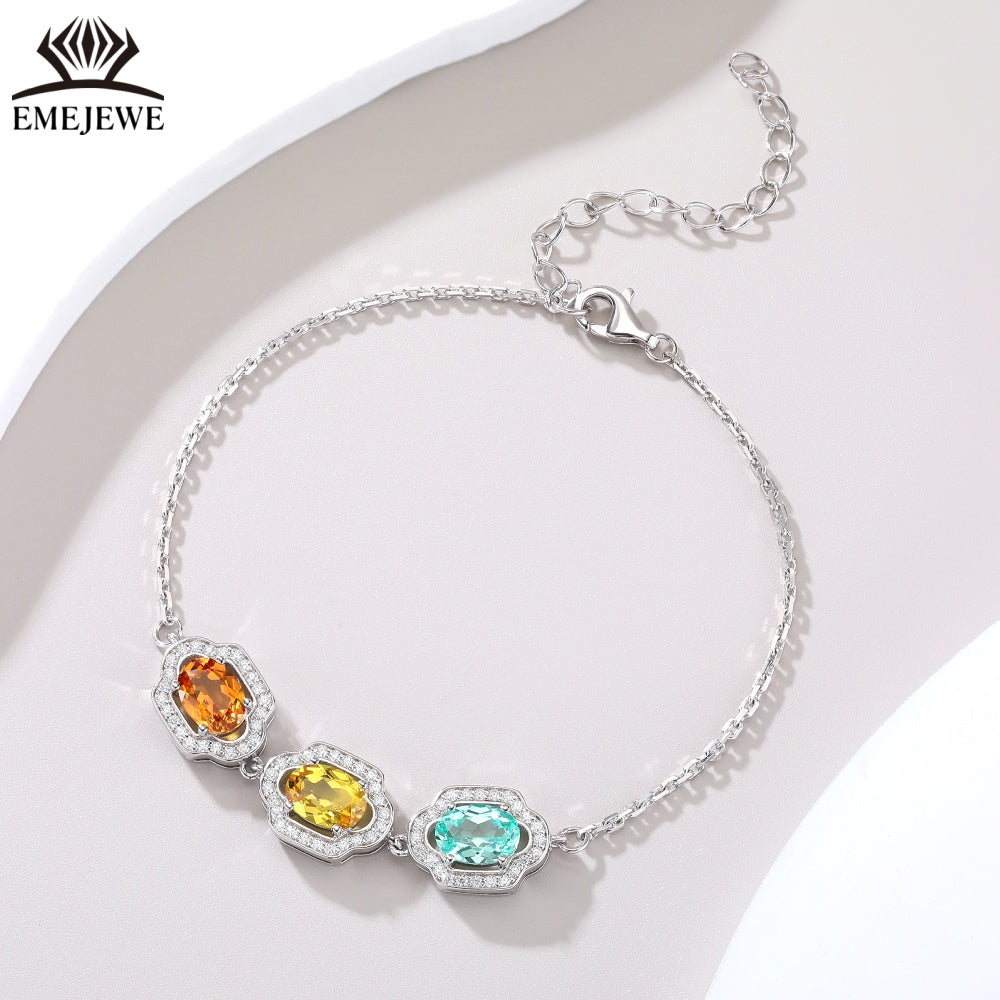 Oval Cut 5*7MM Multi Color Sapphire Three Stones Adjustable Silver Plated Third Party Certified Romantic Bracelet