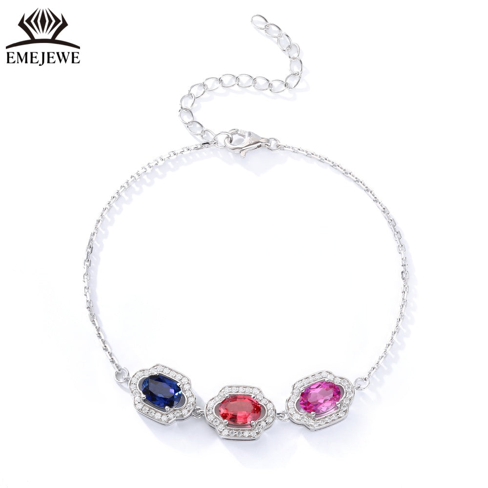 Oval Cut 5*7MM Multi Color Sapphire Three Stones Adjustable Silver Plated Third Party Certified Romantic Bracelet