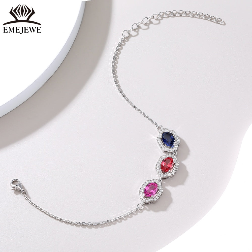 Oval Cut 5*7MM Multi Color Sapphire Three Stones Adjustable Silver Plated Third Party Certified Romantic Bracelet