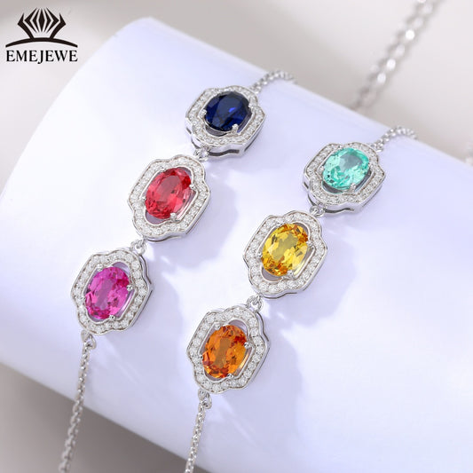 Oval Cut 5*7MM Multi Color Sapphire Three Stones Adjustable Silver Plated Third Party Certified Romantic Bracelet