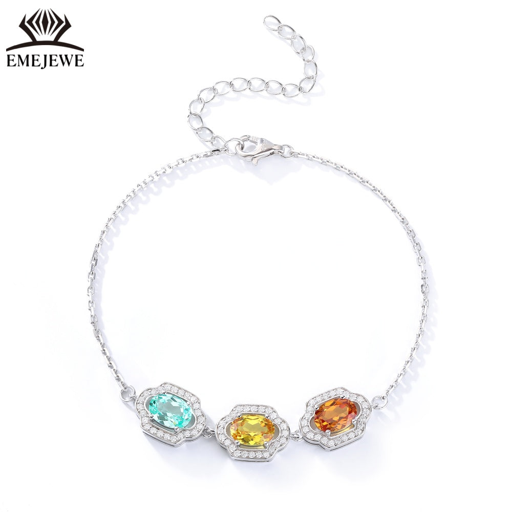 Oval Cut 5*7MM Multi Color Sapphire Three Stones Adjustable Silver Plated Third Party Certified Romantic Bracelet