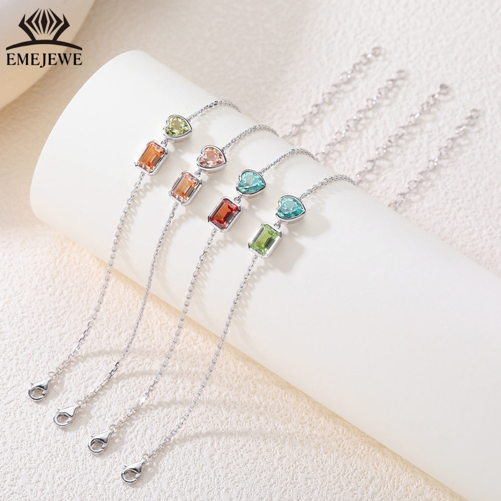 Sapphire Emerald-Cut 5*7MM Multi Color Lab Gemstone Double Stone Adjustable Rhodium Plated Unisex Party Bracelet Gift