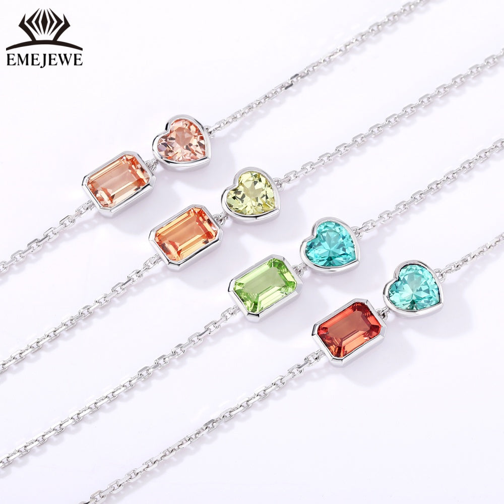 Sapphire Emerald-Cut 5*7MM Multi Color Lab Gemstone Double Stone Adjustable Rhodium Plated Unisex Party Bracelet Gift