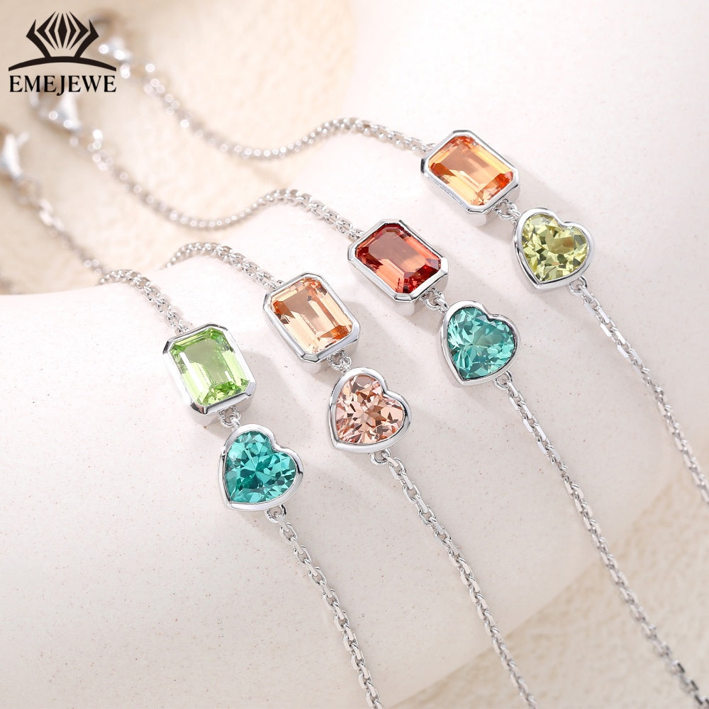 Sapphire Emerald-Cut 5*7MM Multi Color Lab Gemstone Double Stone Adjustable Rhodium Plated Unisex Party Bracelet Gift