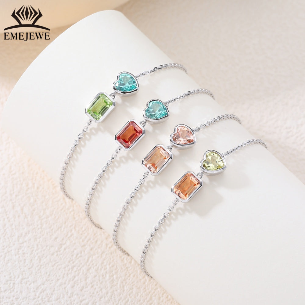 Sapphire Emerald-Cut 5*7MM Multi Color Lab Gemstone Double Stone Adjustable Rhodium Plated Unisex Party Bracelet Gift