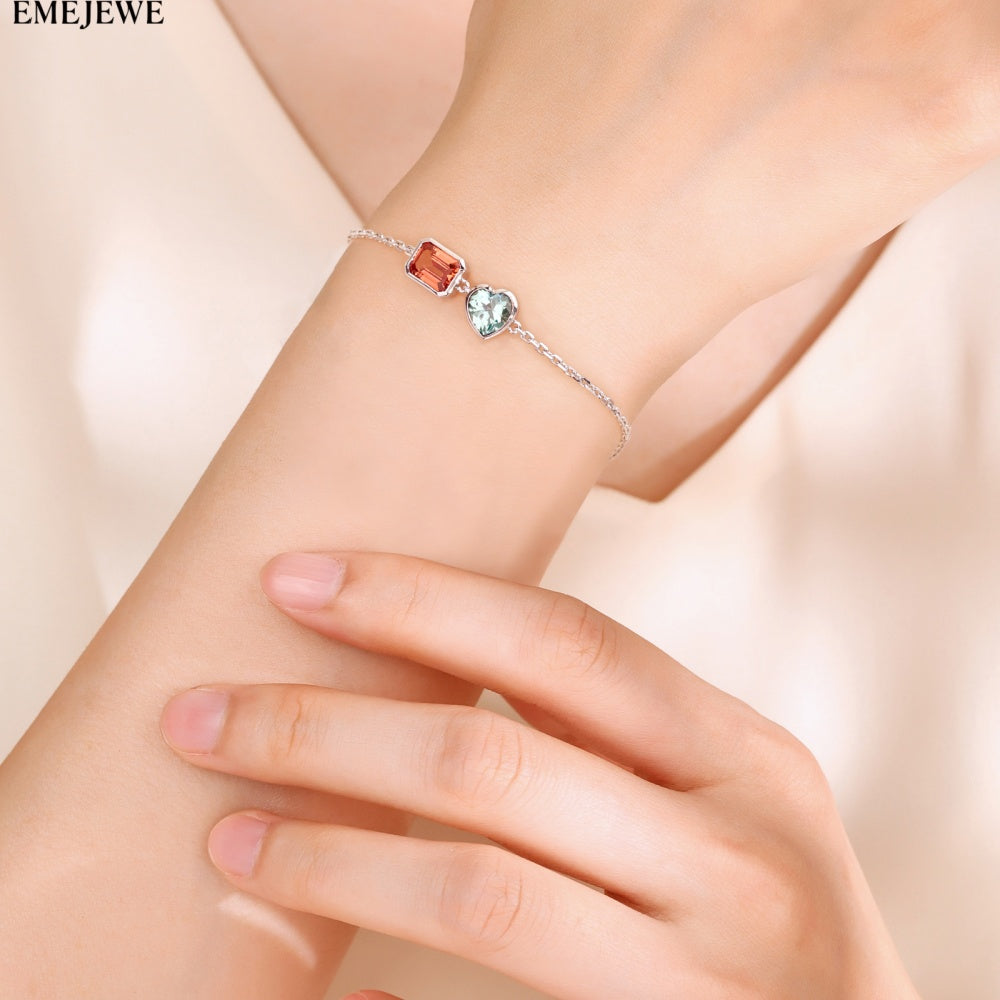 Sapphire Emerald-Cut 5*7MM Multi Color Lab Gemstone Double Stone Adjustable Rhodium Plated Unisex Party Bracelet Gift