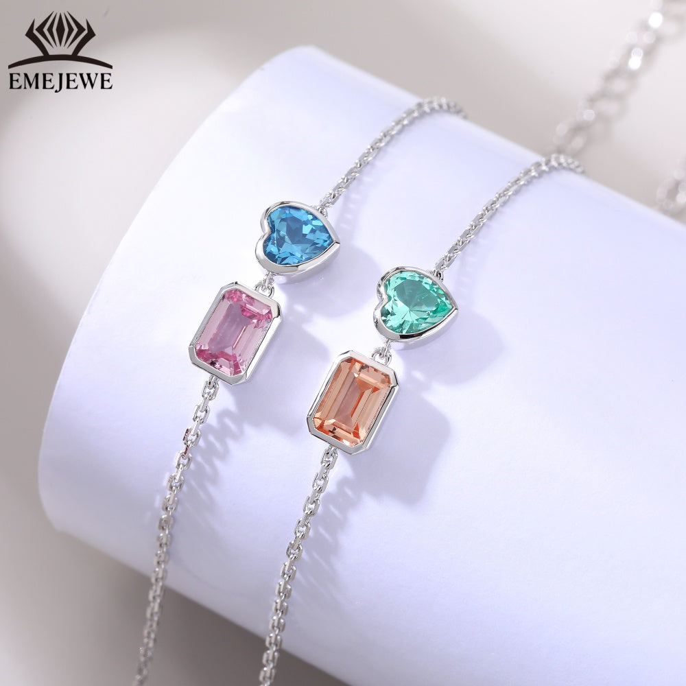 Sapphire Emerald-Cut 5*7MM Multi Color Lab Gemstone Double Stone Adjustable Rhodium Plated Unisex Party Bracelet Gift