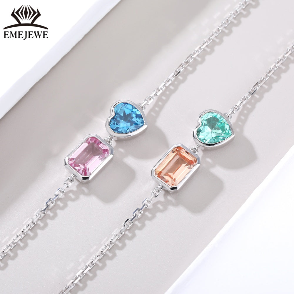 Sapphire Emerald-Cut 5*7MM Multi Color Lab Gemstone Double Stone Adjustable Rhodium Plated Unisex Party Bracelet Gift