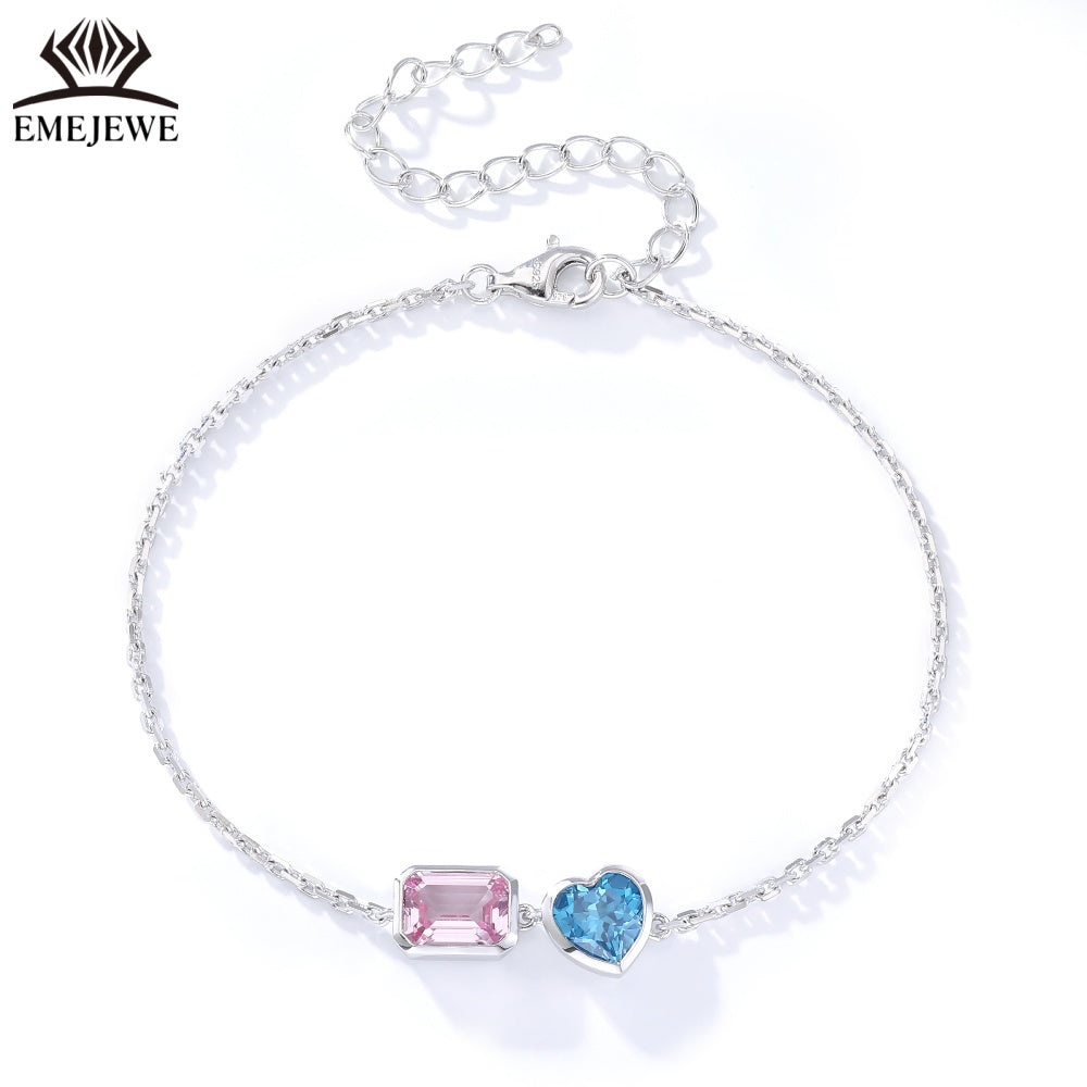 Sapphire Emerald-Cut 5*7MM Multi Color Lab Gemstone Double Stone Adjustable Rhodium Plated Unisex Party Bracelet Gift