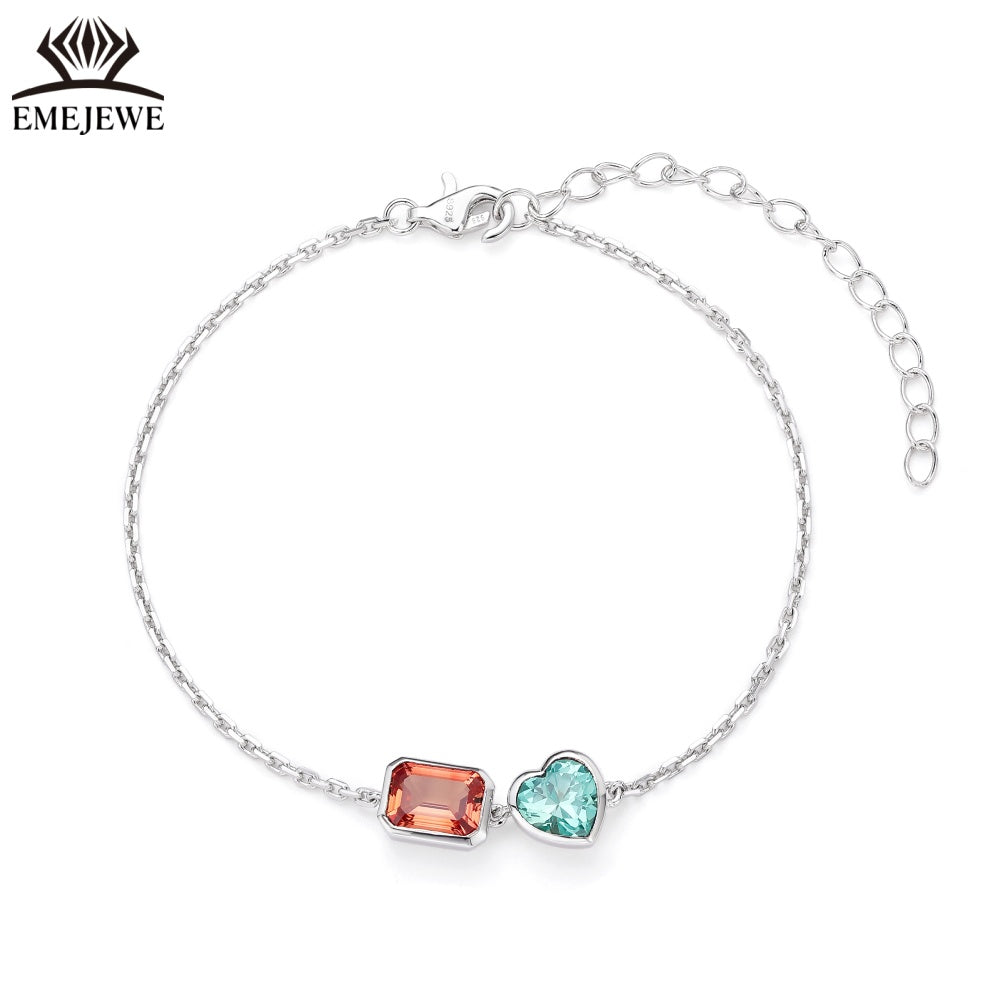 Sapphire Emerald-Cut 5*7MM Multi Color Lab Gemstone Double Stone Adjustable Rhodium Plated Unisex Party Bracelet Gift