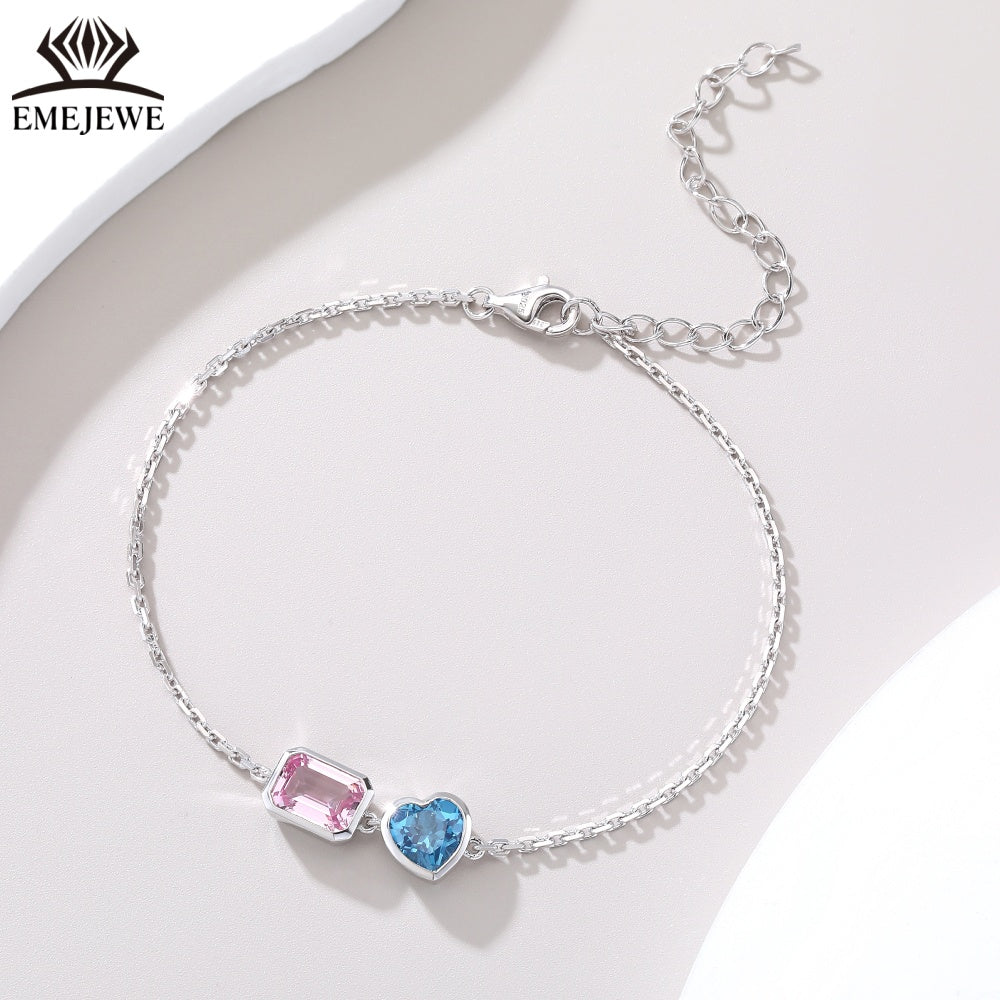 Sapphire Emerald-Cut 5*7MM Multi Color Lab Gemstone Double Stone Adjustable Rhodium Plated Unisex Party Bracelet Gift