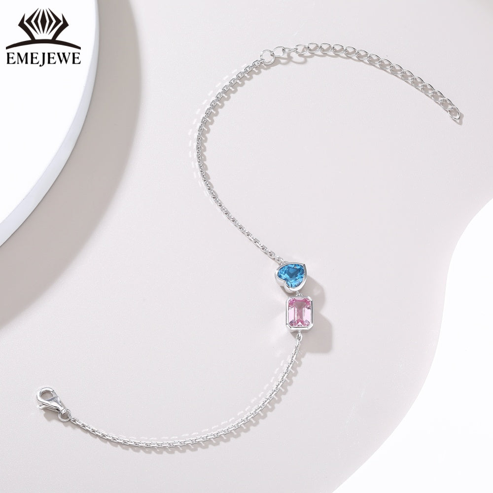 Sapphire Emerald-Cut 5*7MM Multi Color Lab Gemstone Double Stone Adjustable Rhodium Plated Unisex Party Bracelet Gift