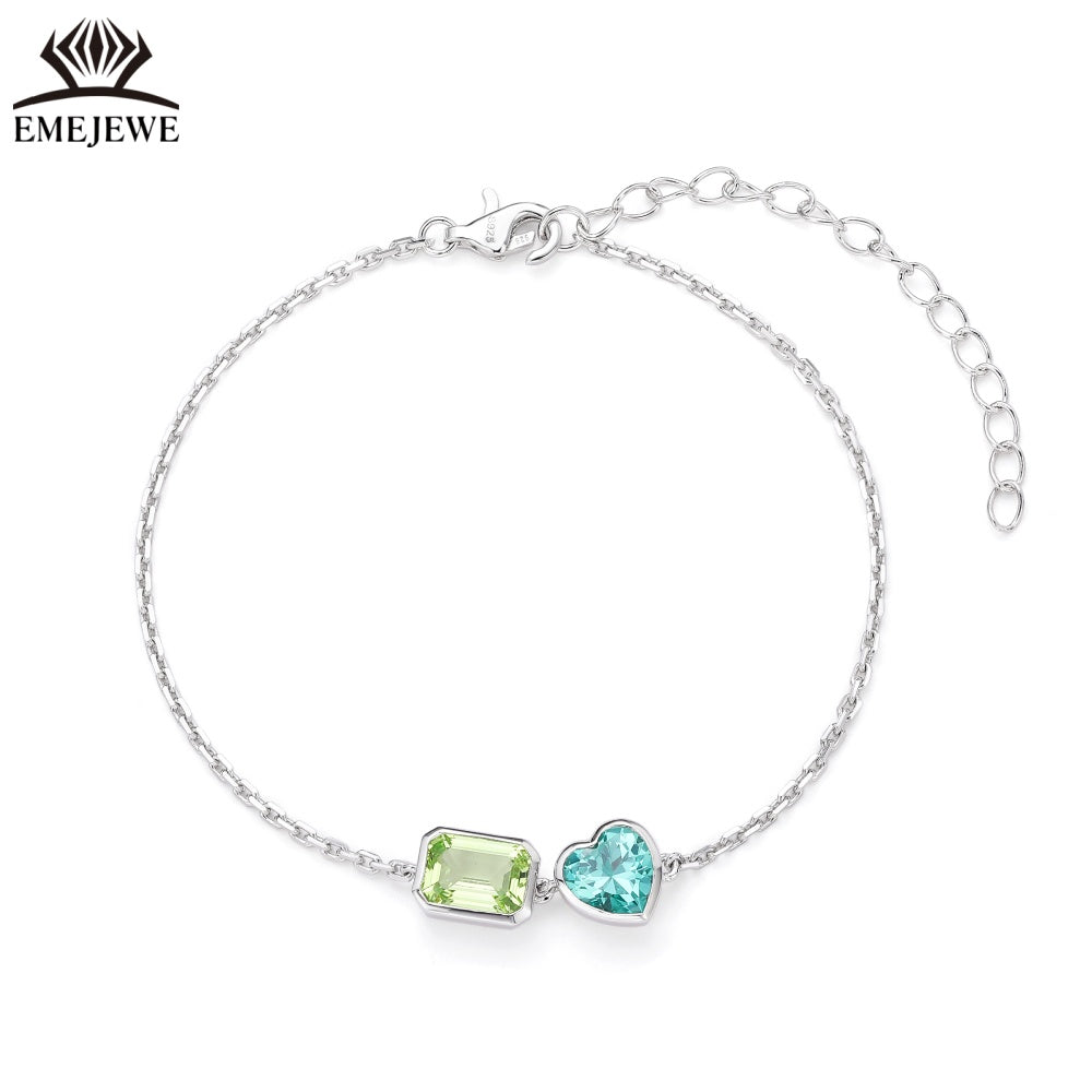 Sapphire Emerald-Cut 5*7MM Multi Color Lab Gemstone Double Stone Adjustable Rhodium Plated Unisex Party Bracelet Gift