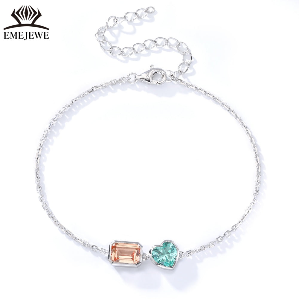 Sapphire Emerald-Cut 5*7MM Multi Color Lab Gemstone Double Stone Adjustable Rhodium Plated Unisex Party Bracelet Gift