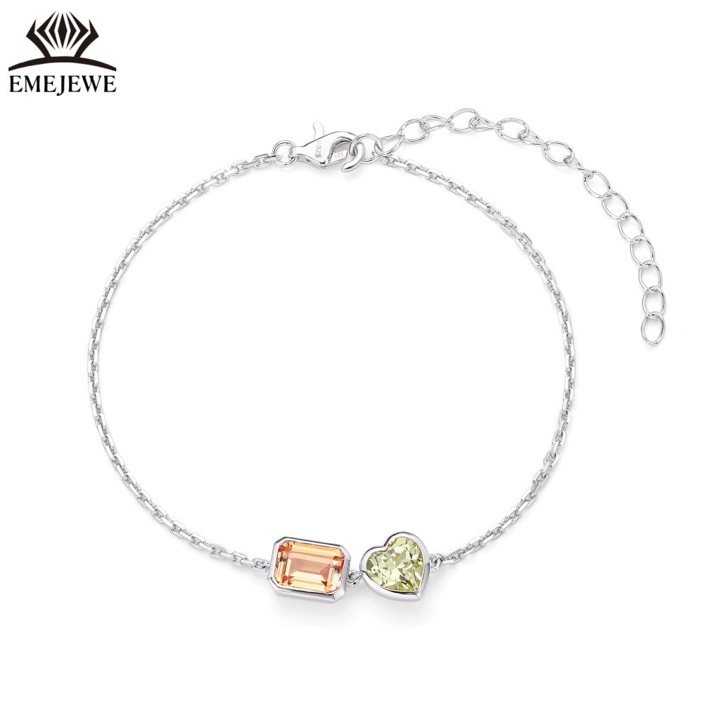 Sapphire Emerald-Cut 5*7MM Multi Color Lab Gemstone Double Stone Adjustable Rhodium Plated Unisex Party Bracelet Gift