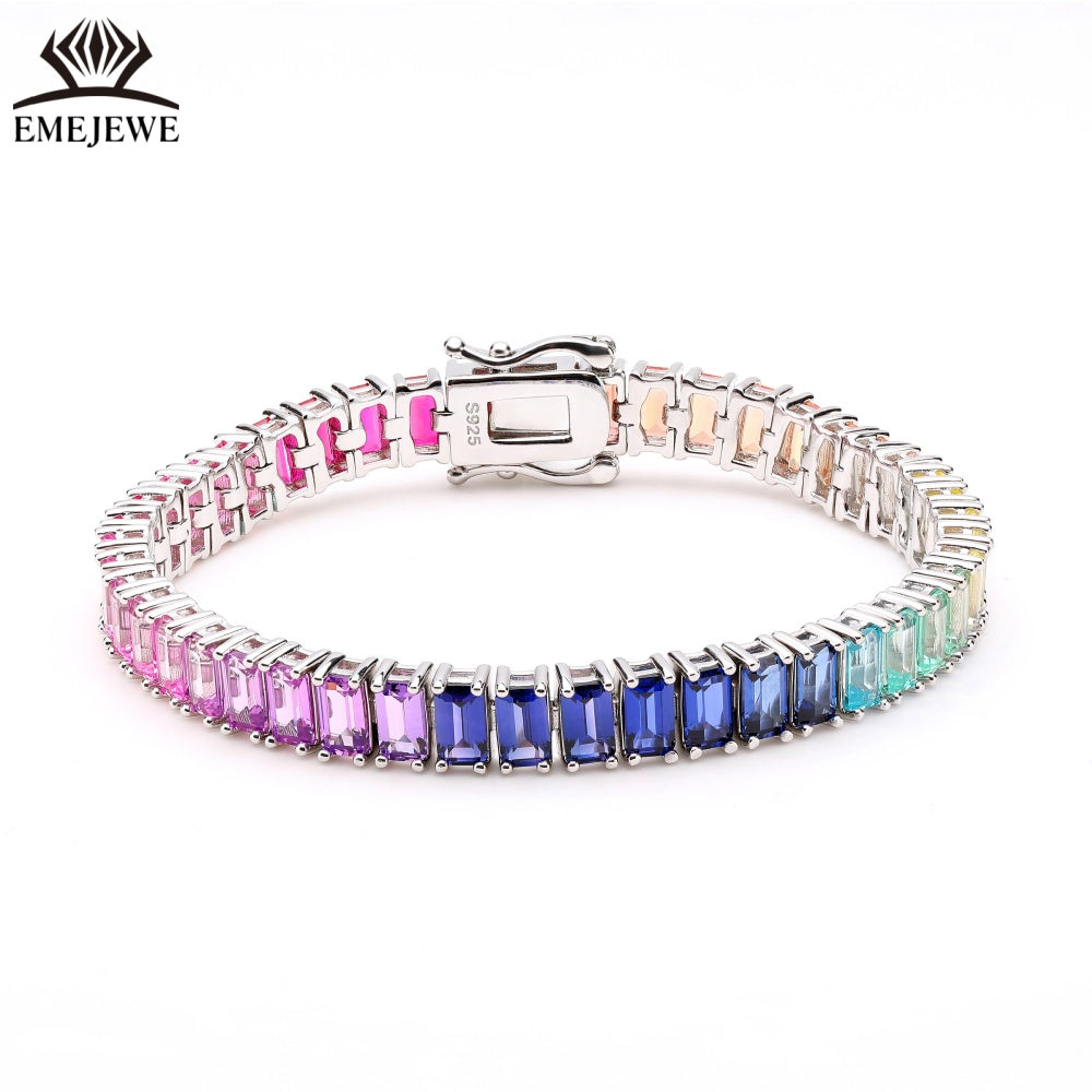 Lab Grown Emerald Cut Rainbow Sapphire Tennis Bracelet Tai Silver Platinum Plated 3*5mm Rich Color