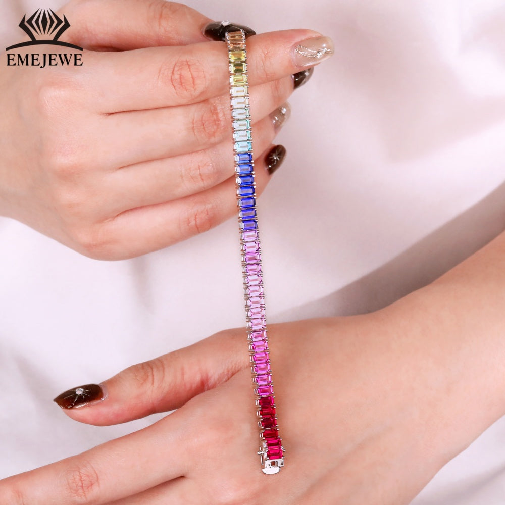 Lab Grown Emerald Cut Rainbow Sapphire Tennis Bracelet Tai Silver Platinum Plated 3*5mm Rich Color