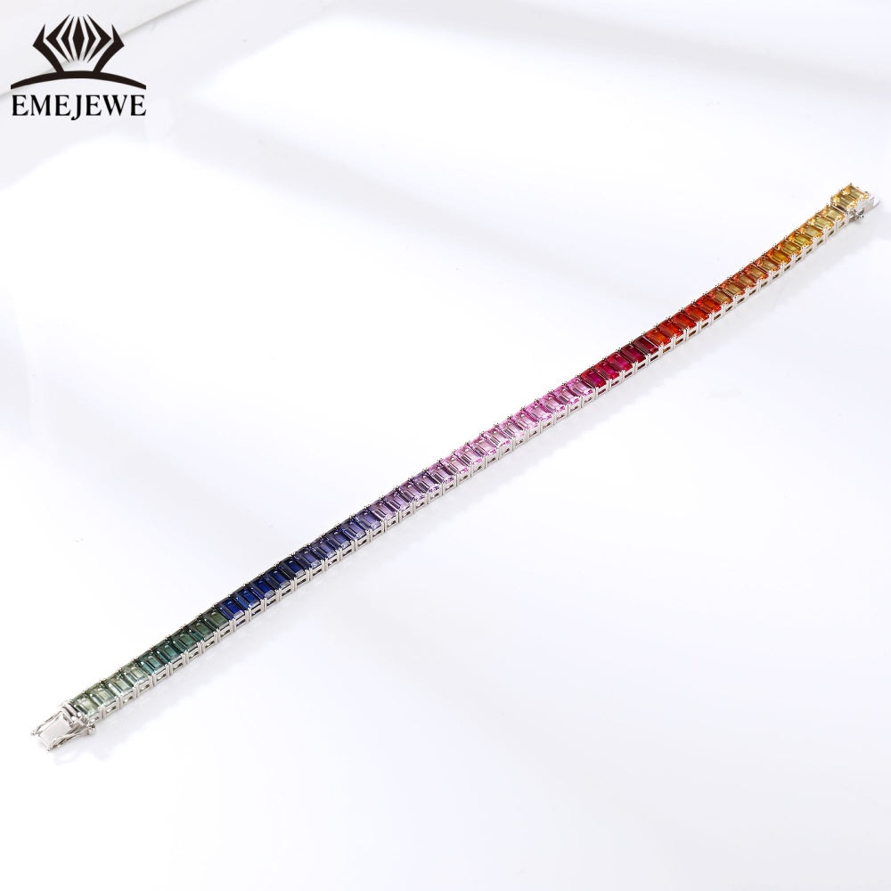 Lab Grown Emerald Cut Rainbow Sapphire Tennis Bracelet Tai Silver Platinum Plated 3*5mm Rich Color