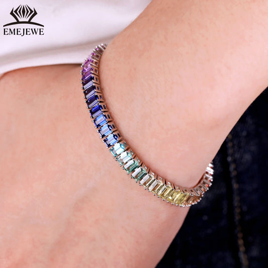 Lab Grown Emerald Cut Rainbow Sapphire Tennis Bracelet Tai Silver Platinum Plated 3*5mm Rich Color